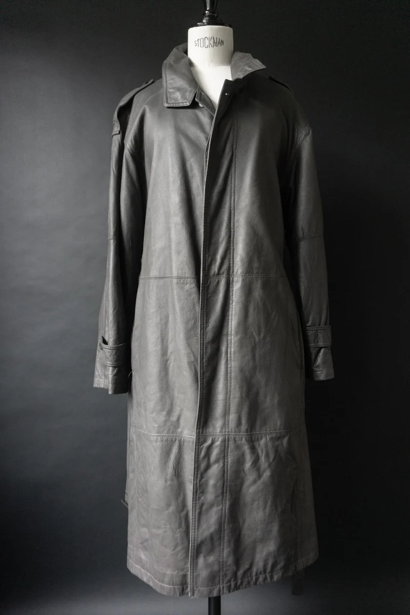 Vintage 80s Ledertrench, Greige, M–L