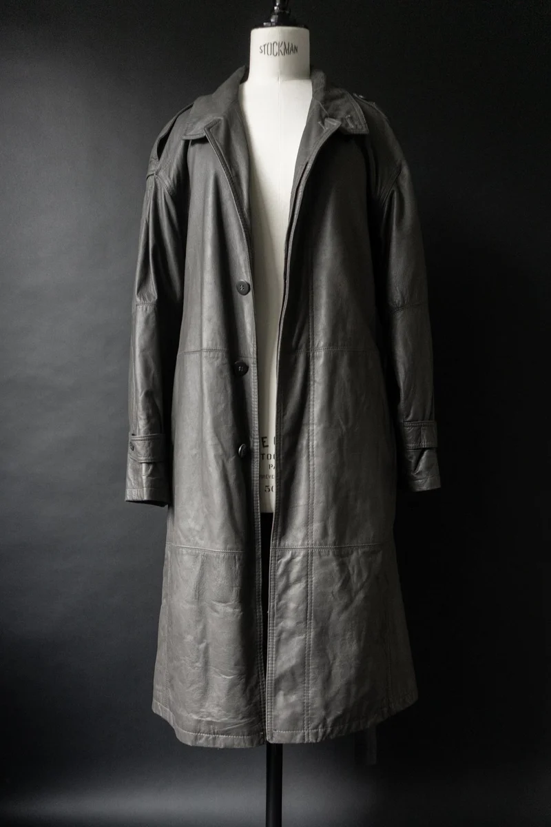 Vintage 80s Ledertrench, Greige, M–L