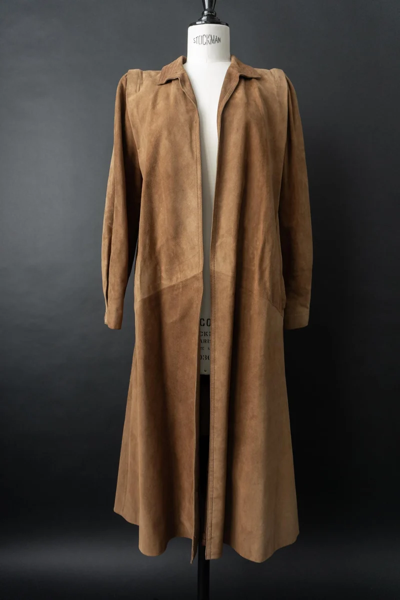 Vintage 70s Ledermantel, Beige, S–M