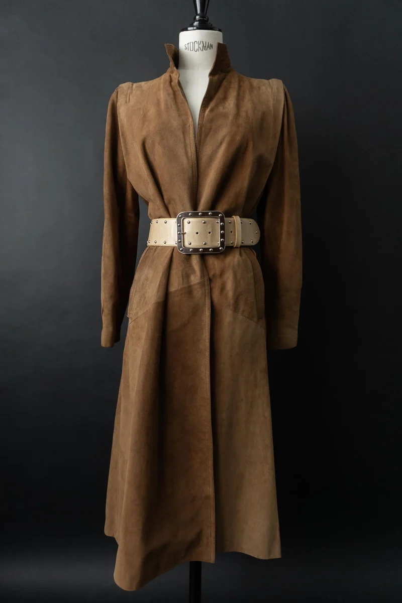 Vintage 70s Ledermantel, Beige, S–M