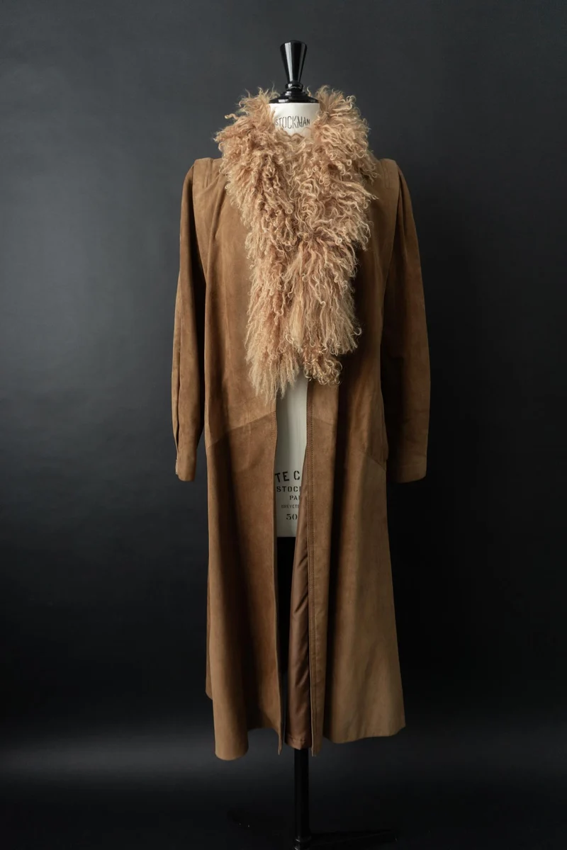 Vintage 70s Ledermantel, Beige, S–M