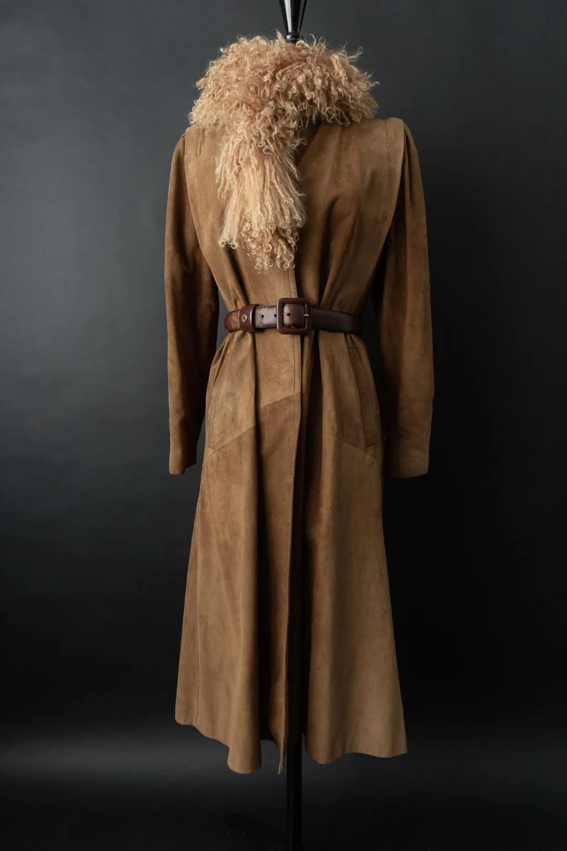 Vintage 70s Ledermantel, Beige, S–M