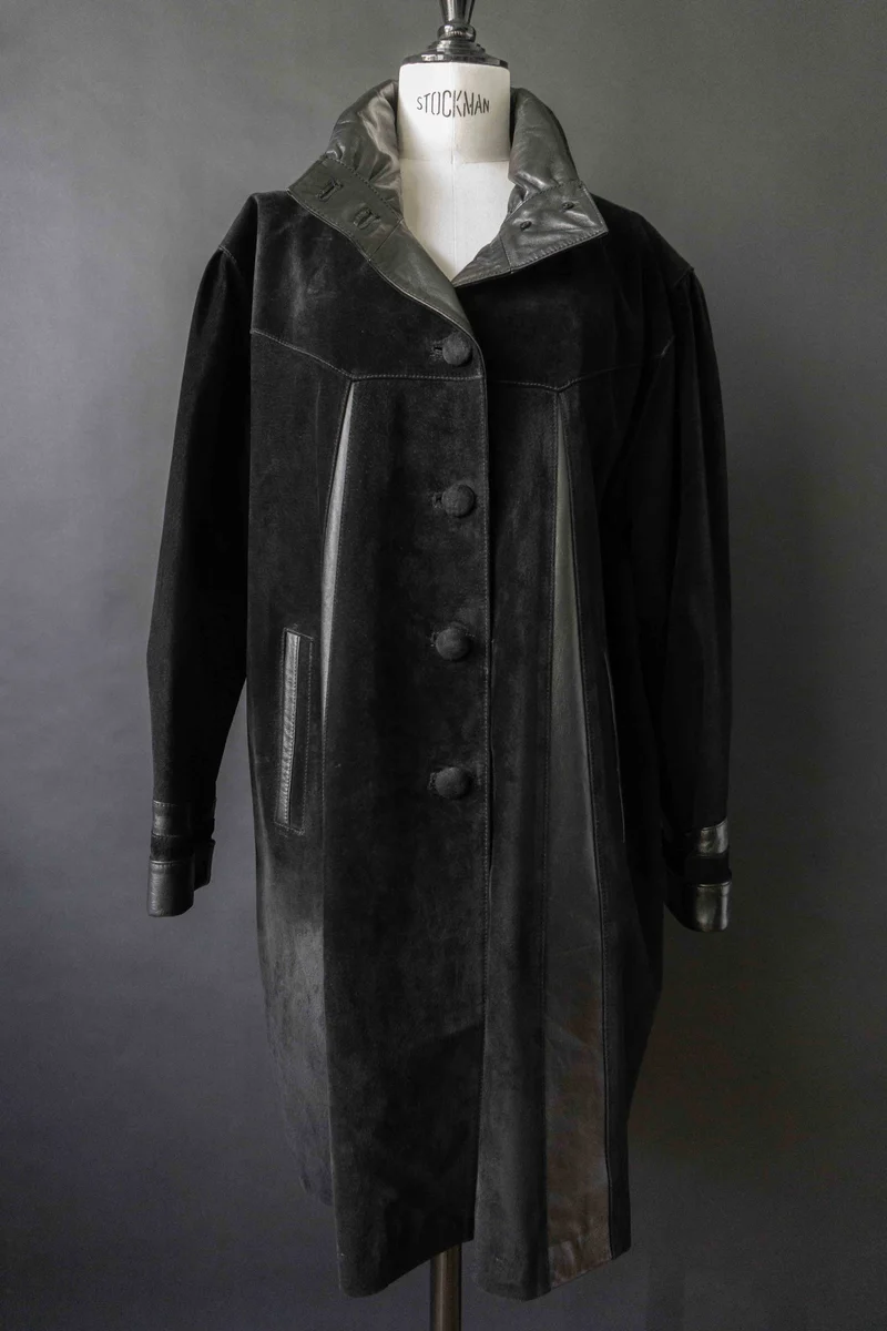 Vintage 80s Ledermantel, Patchwork, Schwarz, M–L