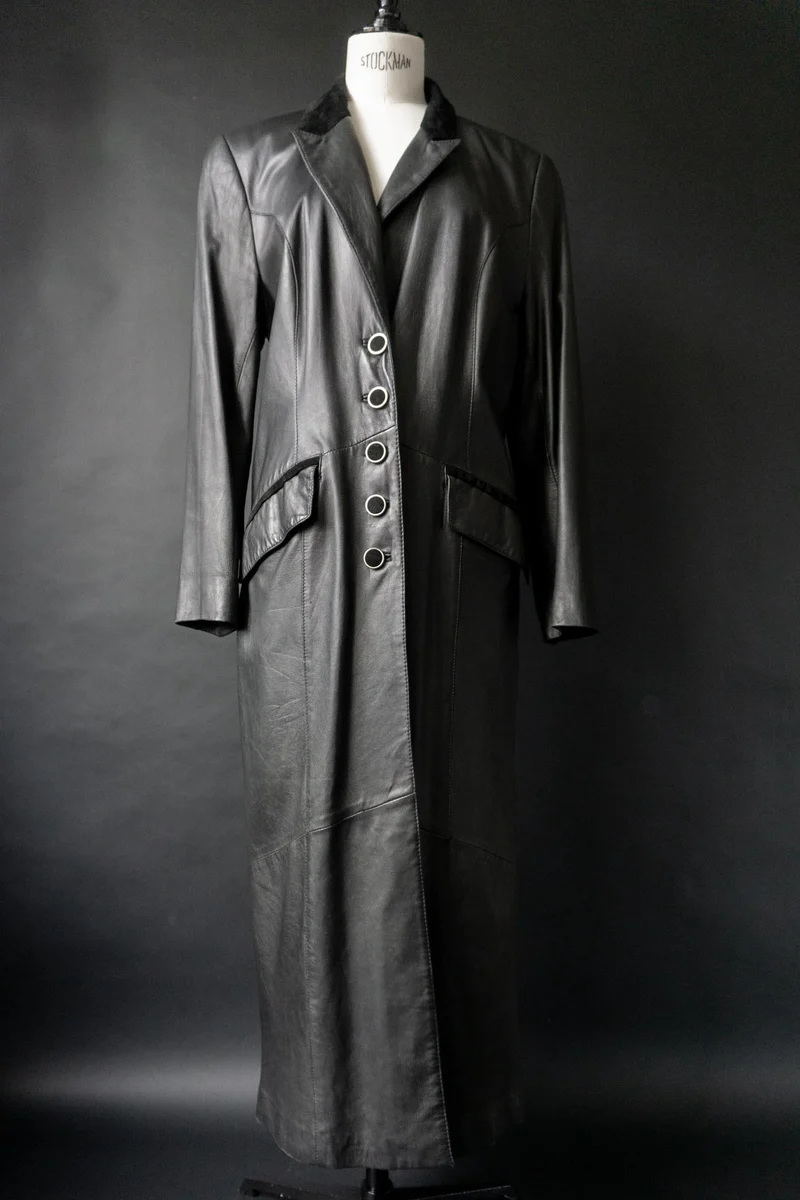 Vintage 90s Vampire Maxi Ledermantel, Velourslederdetails, S–M