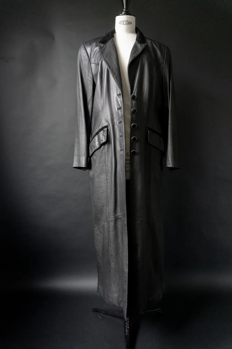 Vintage 90s Vampire Maxi Ledermantel, Velourslederdetails, S–M