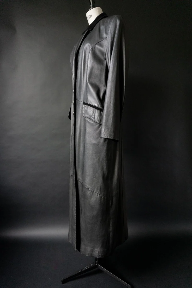 Vintage 90s Vampire Maxi Ledermantel, Velourslederdetails, S–M