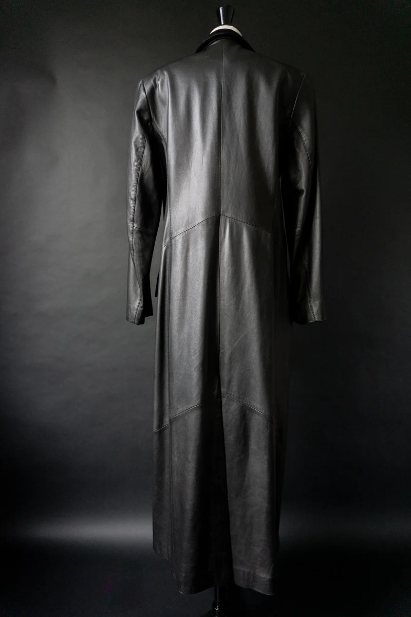 Vintage 90s Vampire Maxi Ledermantel, Velourslederdetails, S–M