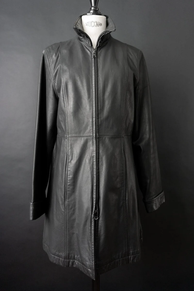 Vintage 90s Ledermantel, Zipper, S–M