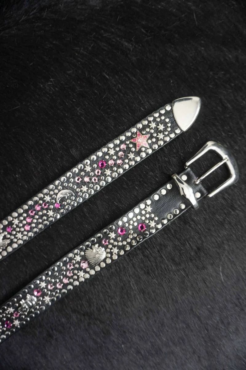 Kolster Vintage Gürtel 80s – Schwarzes Leder mit Strass & Nieten, S–XL