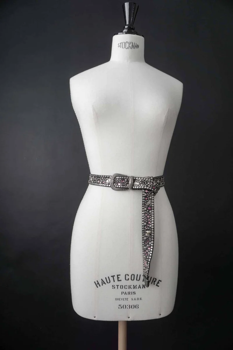 Kolster Vintage Gürtel 80s – Schwarzes Leder mit Strass & Nieten, S–XL