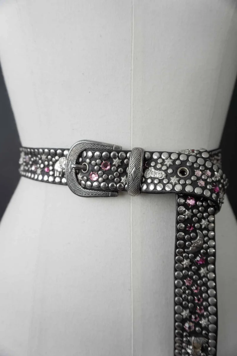 Kolster Vintage Gürtel 80s – Schwarzes Leder mit Strass & Nieten, S–XL