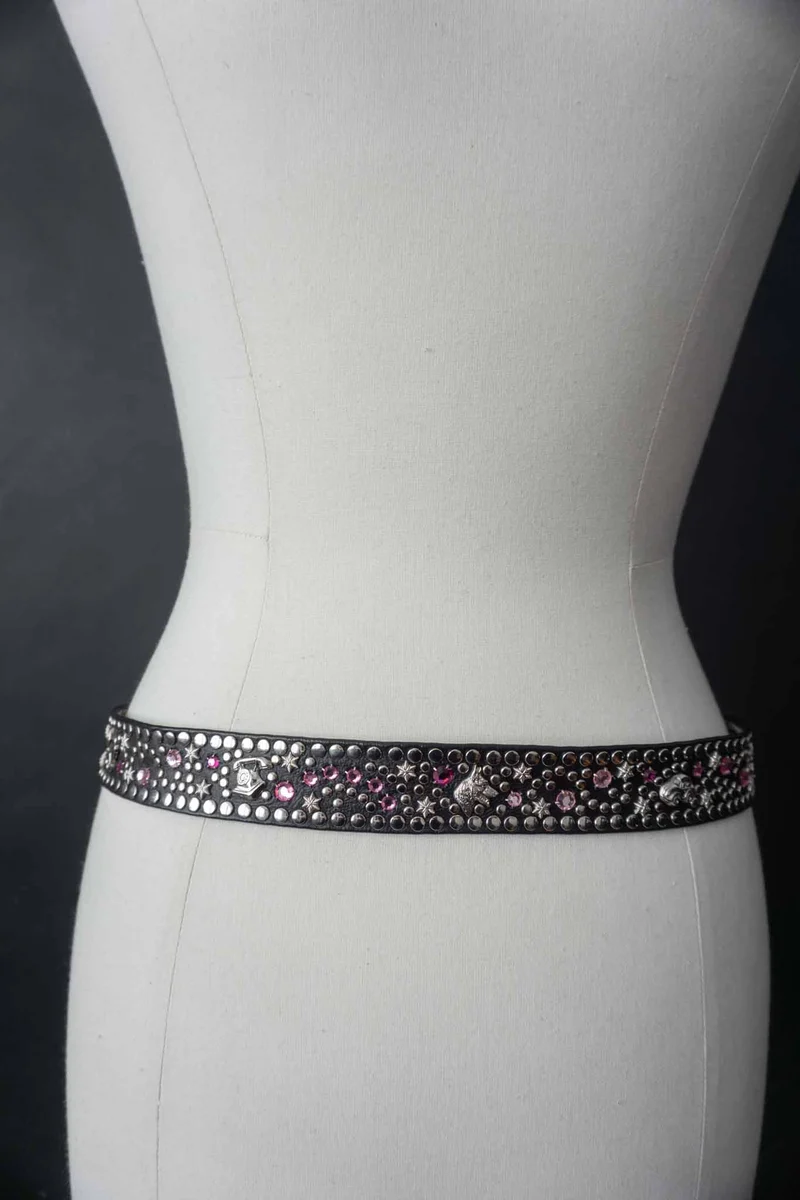 Kolster Vintage Gürtel 80s – Schwarzes Leder mit Strass & Nieten, S–XL