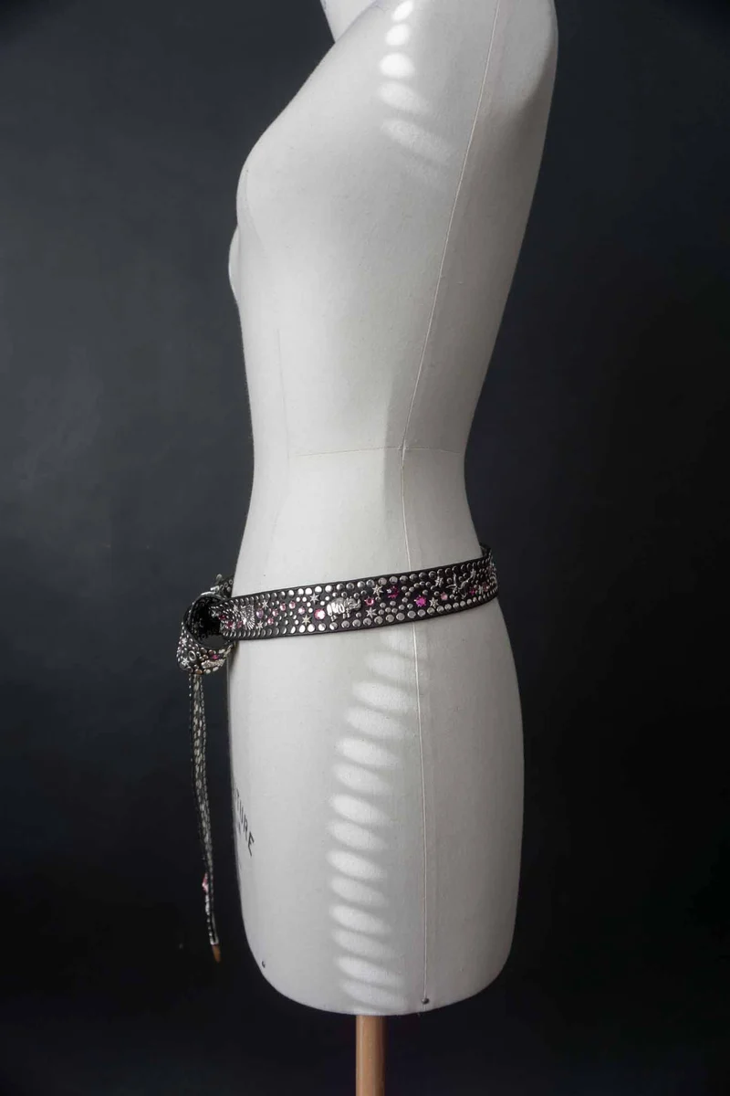Kolster Vintage Gürtel 80s – Schwarzes Leder mit Strass & Nieten, S–XL