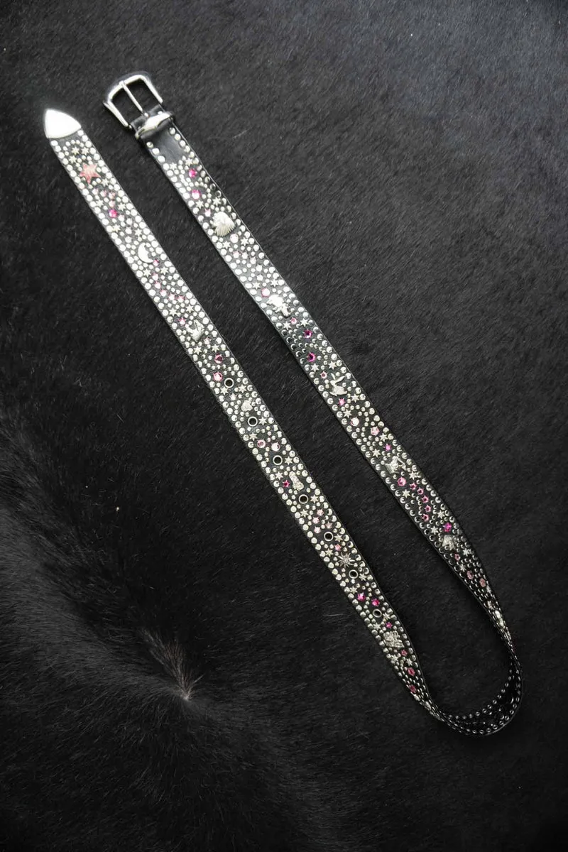 Kolster Vintage Gürtel 80s – Schwarzes Leder mit Strass & Nieten, S–XL