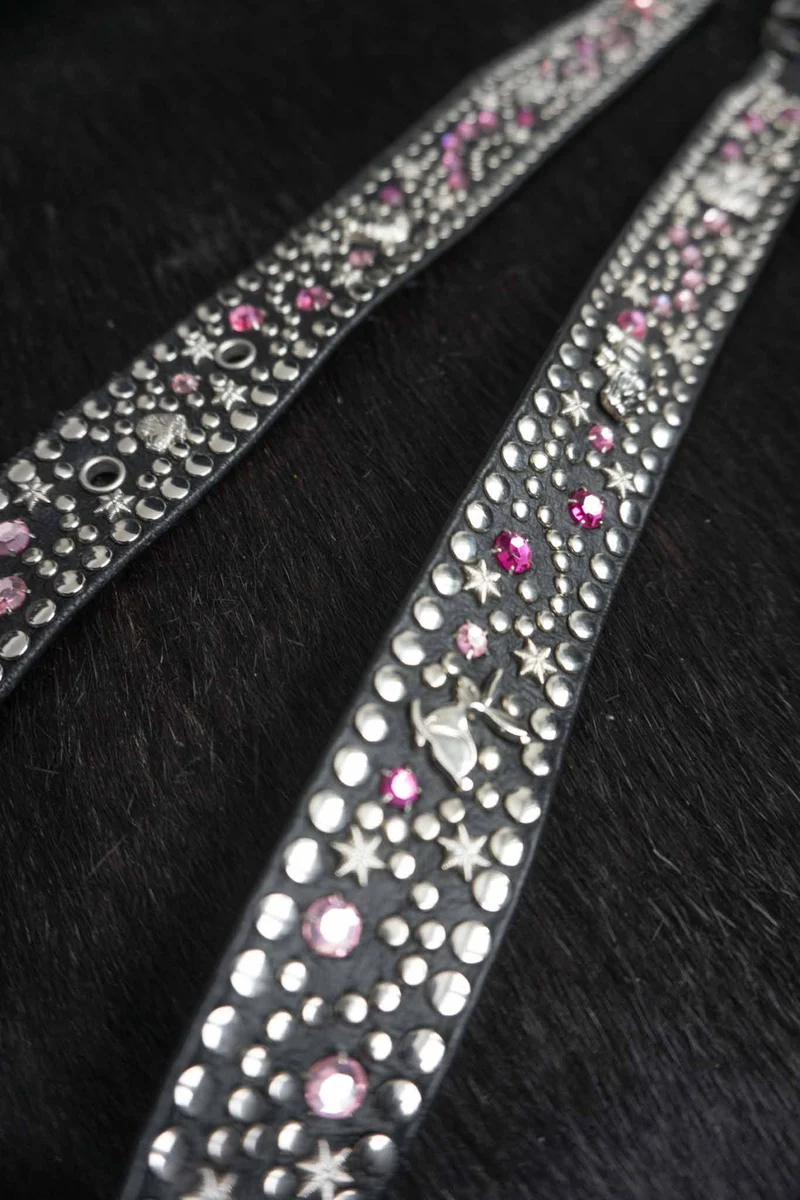 Kolster Vintage Gürtel 80s – Schwarzes Leder mit Strass & Nieten, S–XL