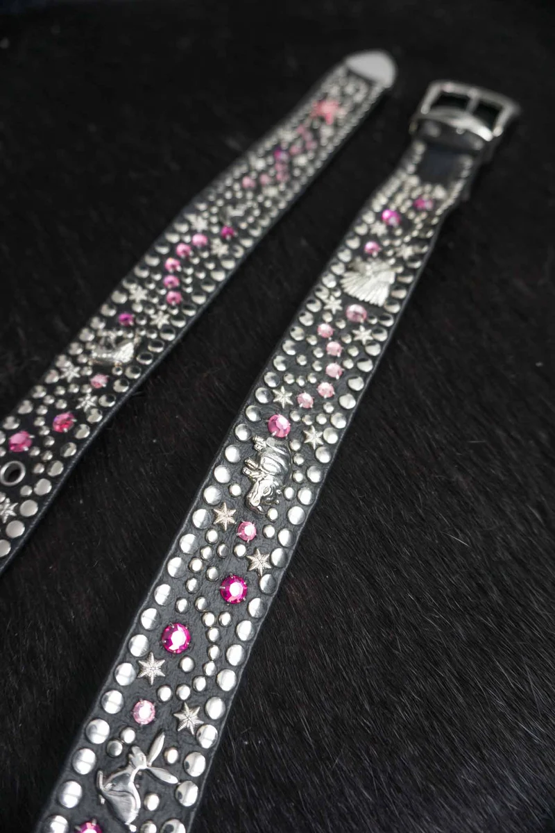 Kolster Vintage Gürtel 80s – Schwarzes Leder mit Strass & Nieten, S–XL