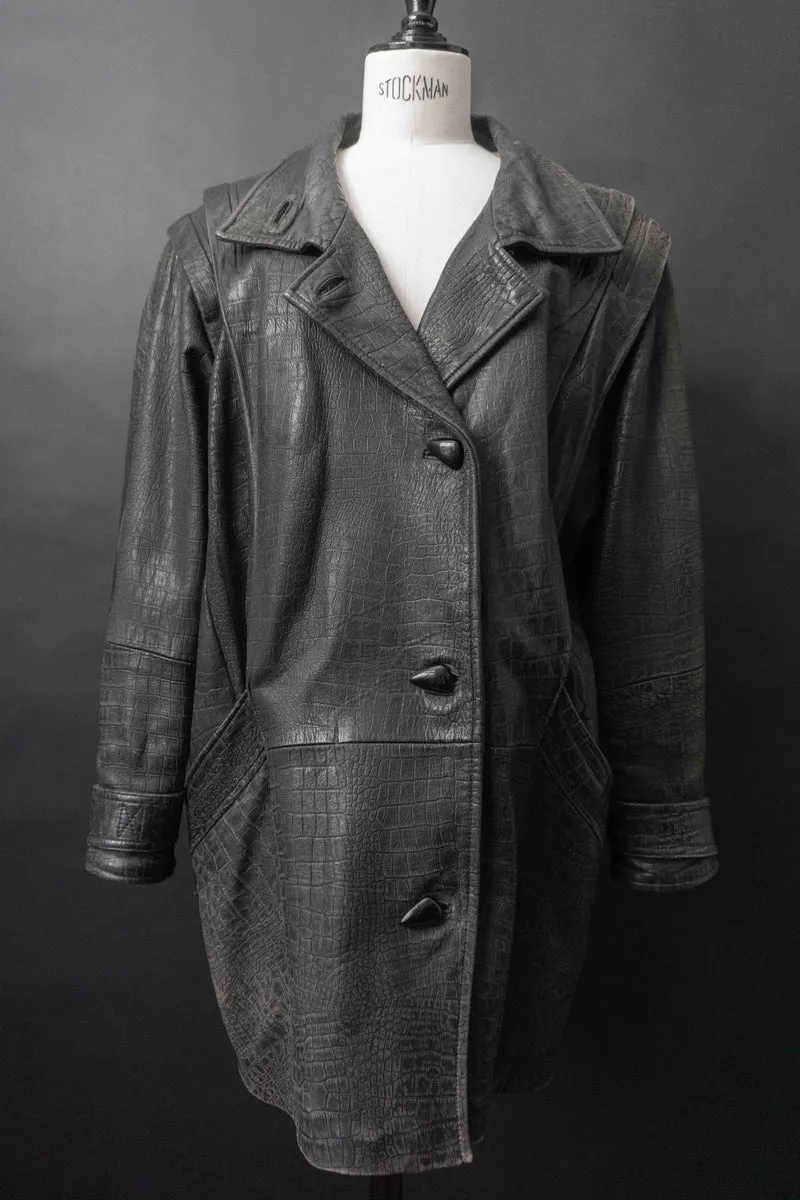 Vintage 80s Lederjacke Kroko, Schwarz, M–L