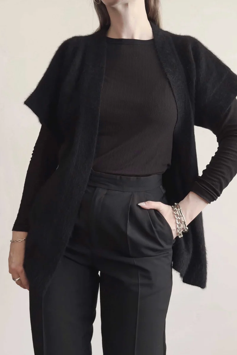 Vintage 70s Angora Strickweste, Schwarz, S–M