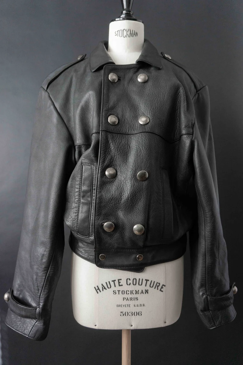 Vintage Lederjacke Schwarz Military Style – Cropped Double Breasted Jacket, M