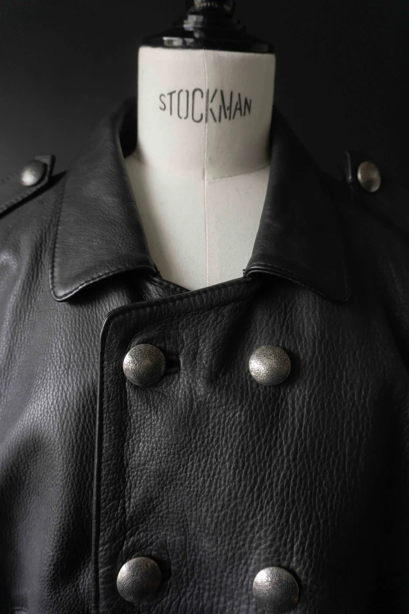 Vintage Lederjacke Schwarz Military Style – Cropped Double Breasted Jacket, M