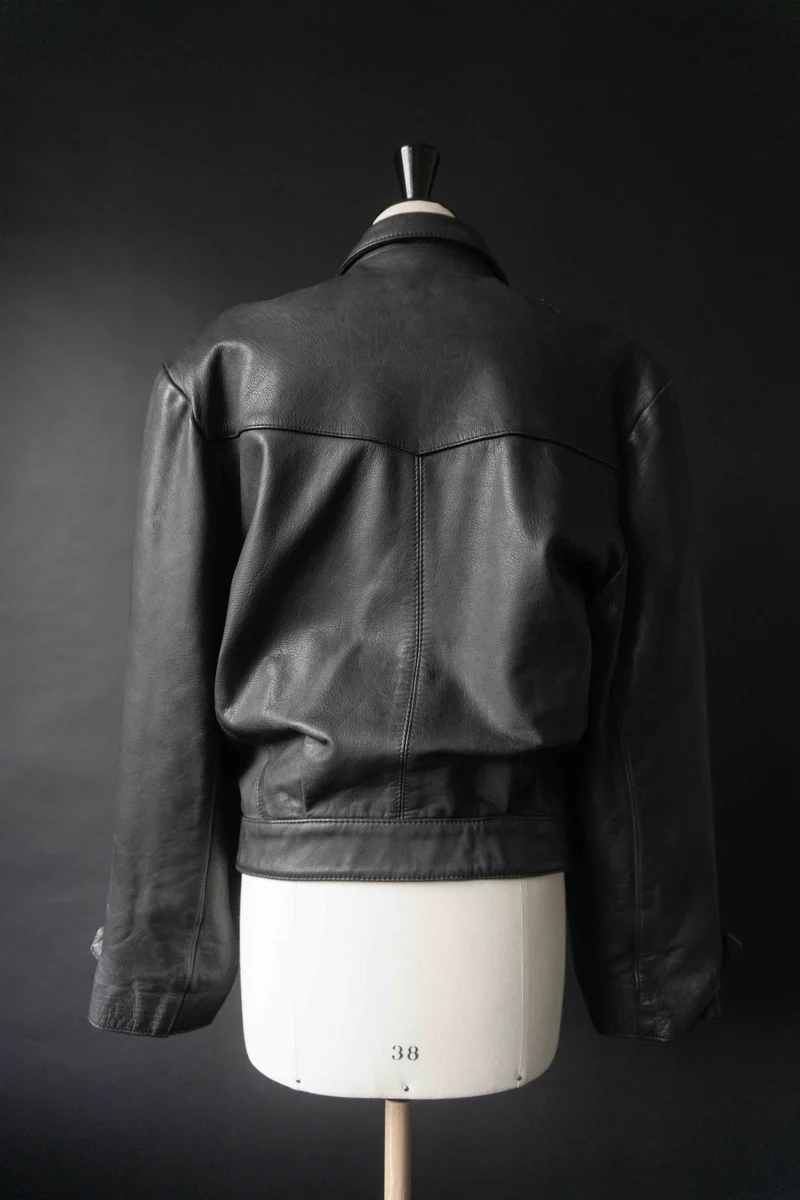Vintage Lederjacke Schwarz Military Style – Cropped Double Breasted Jacket, M