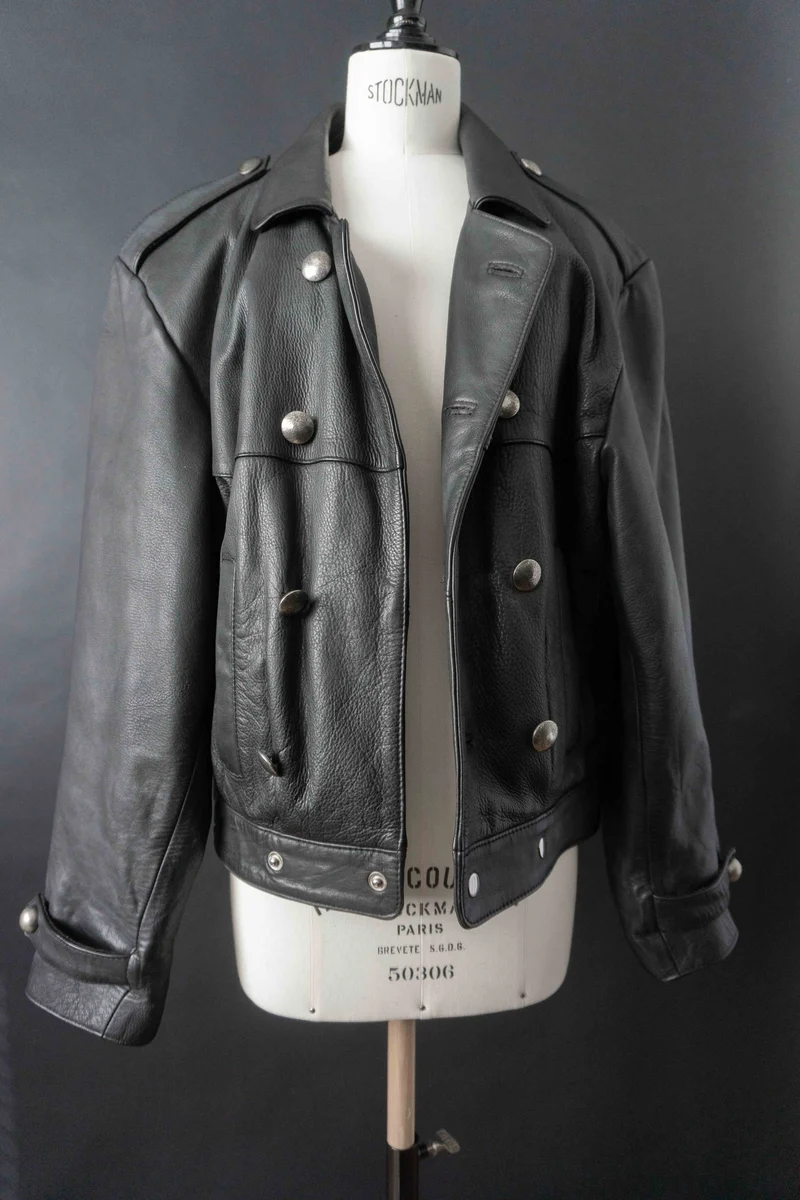 Vintage Lederjacke Schwarz Military Style – Cropped Double Breasted Jacket, M