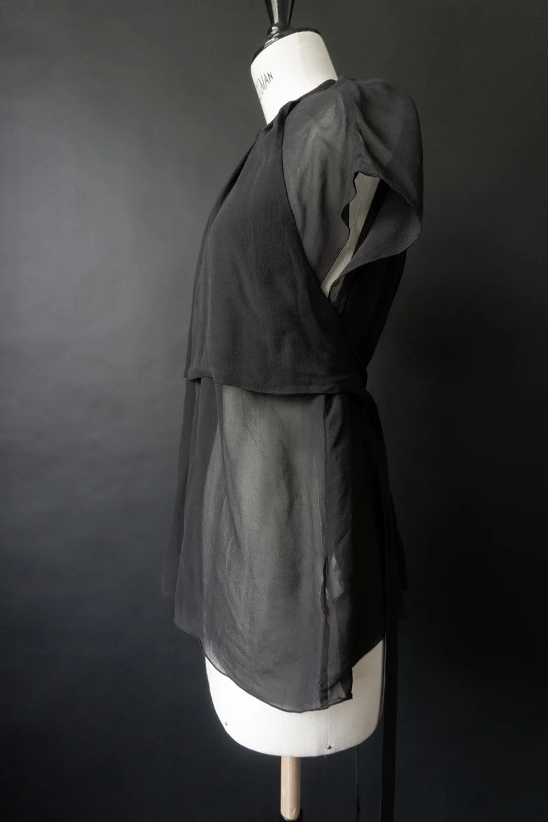 Vintage Karl Lagerfeld Seidenbluse in Schwarz mit transparentem Layer, S–M