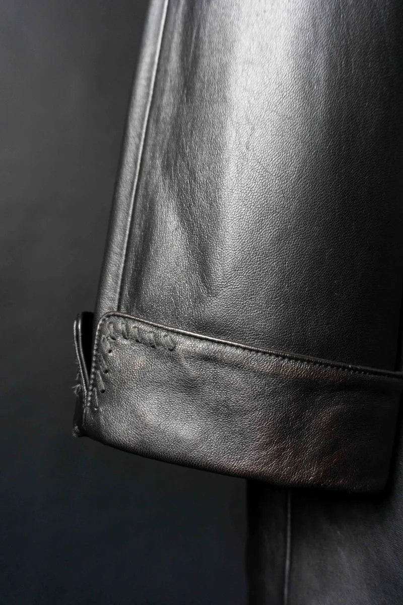 Schwarzer Leder Kurzmantel Vintage – Minimalistischer Lederblazer mit leichtem Metallic-Finish, M–L