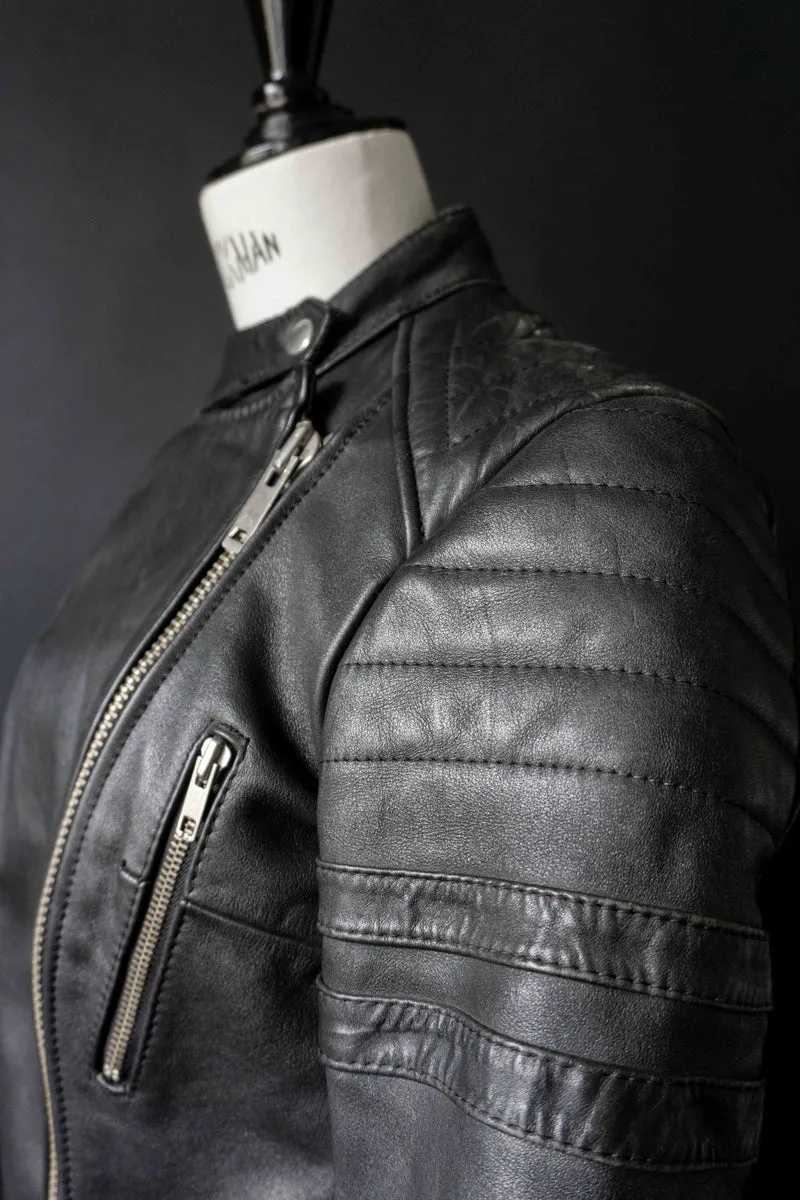 Schwarze Leder Bikerjacke Vintage 80er – strukturierte Slim Fit Leather Jacket Damen