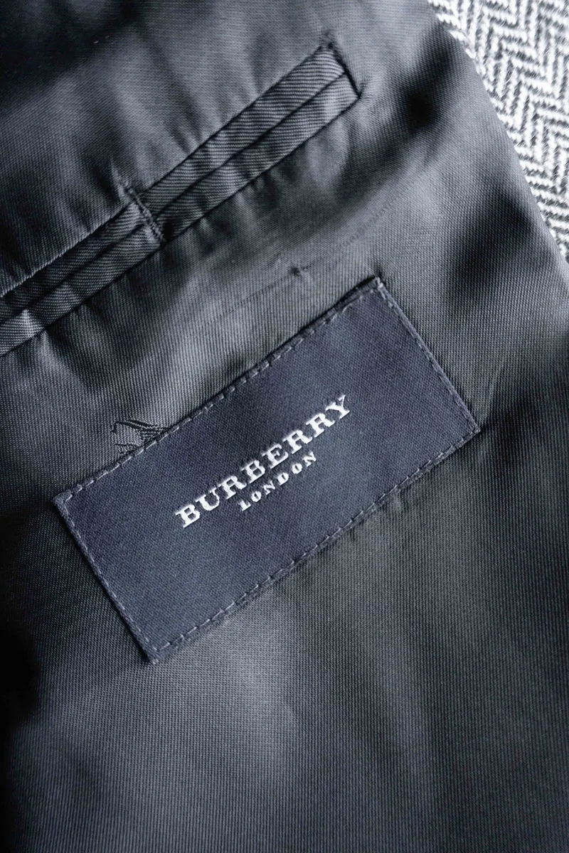 Burberry London Vintage Blazer – grauer Herringbone Wollblazer im Heritage Stil, M–XL