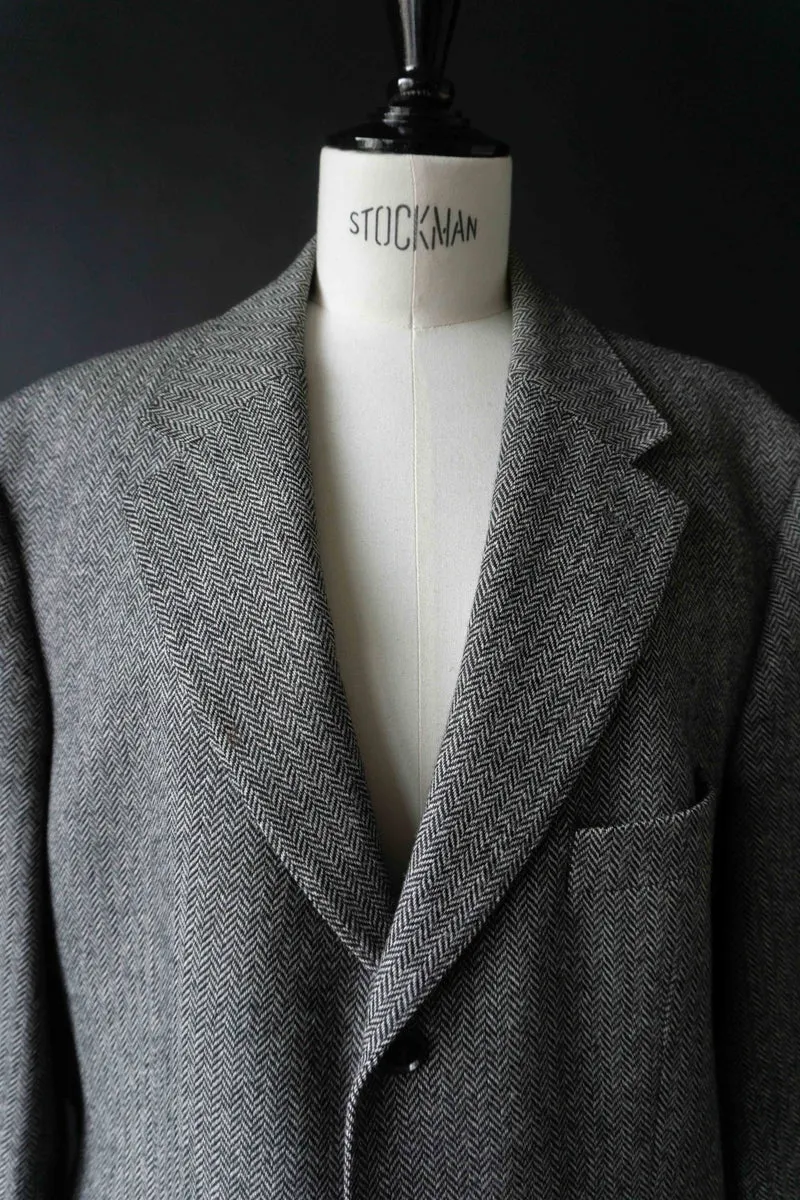 Burberry London Vintage Blazer – grauer Herringbone Wollblazer im Heritage Stil, M–XL
