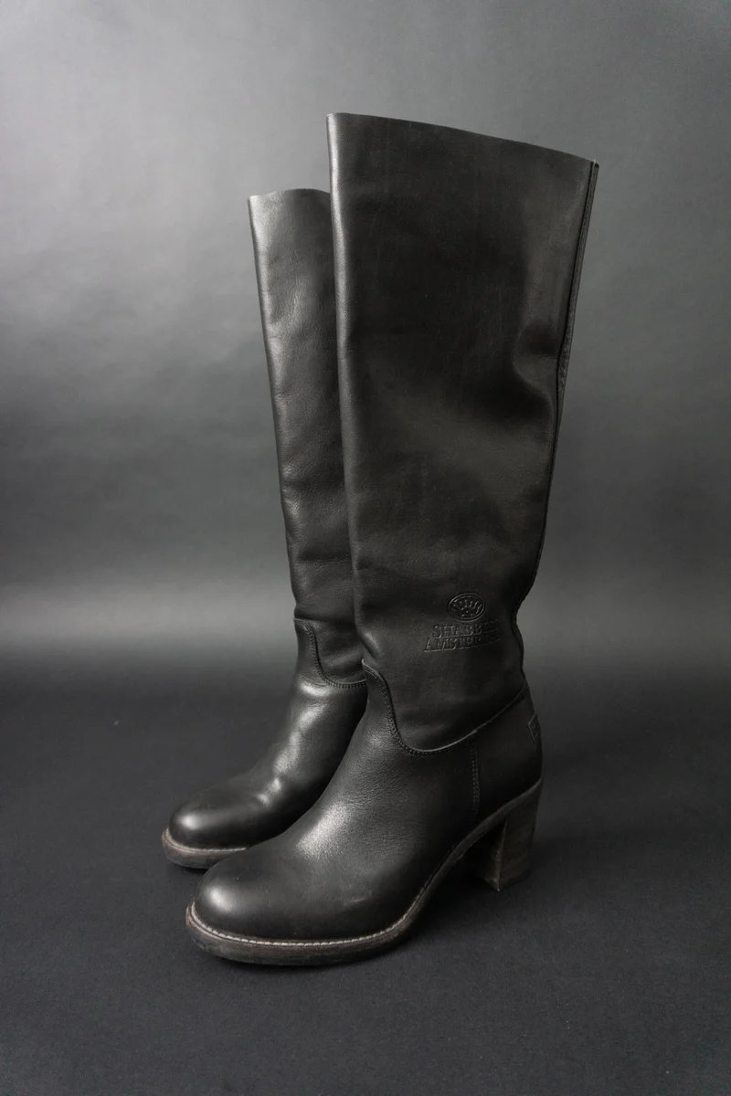 Shabbies Amsterdam Vintage Lederstiefel aus Echtleder – schwarzer Slouch Boot, 41