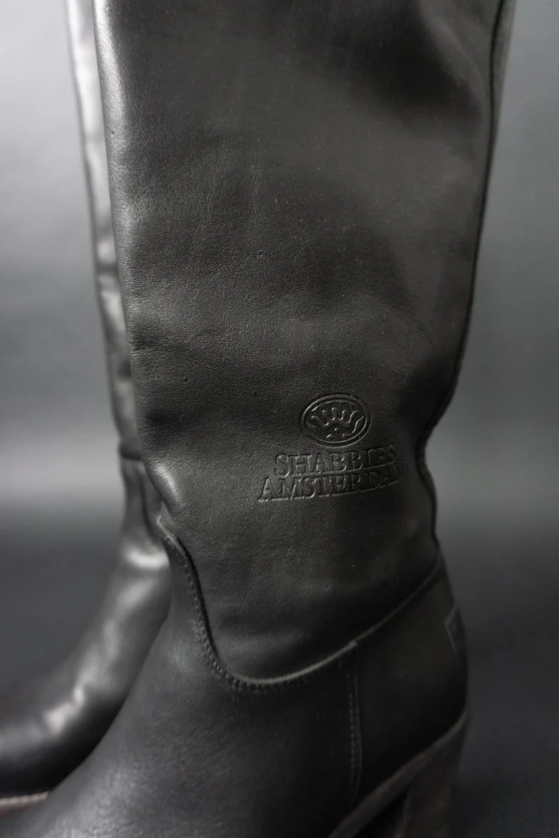 Shabbies Amsterdam Vintage Lederstiefel aus Echtleder – schwarzer Slouch Boot, 41