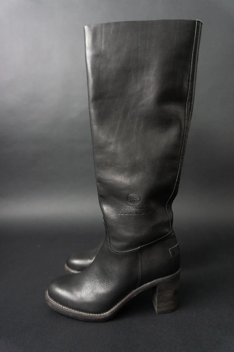 Shabbies Amsterdam Vintage Lederstiefel aus Echtleder – schwarzer Slouch Boot, 41