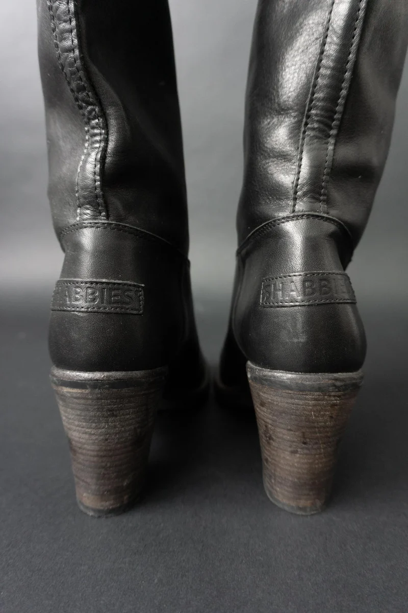 Shabbies Amsterdam Vintage Lederstiefel aus Echtleder – schwarzer Slouch Boot, 41