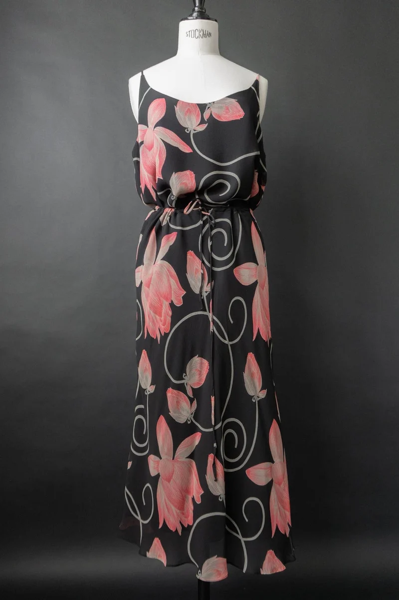 Vintage 90s Set: Rock & Top, Pure Silk, dark flowers, M–XL