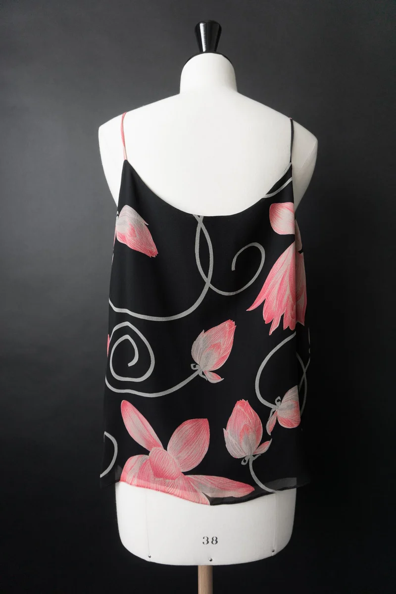 Vintage 90s Set: Rock & Top, Pure Silk, dark flowers, M–XL