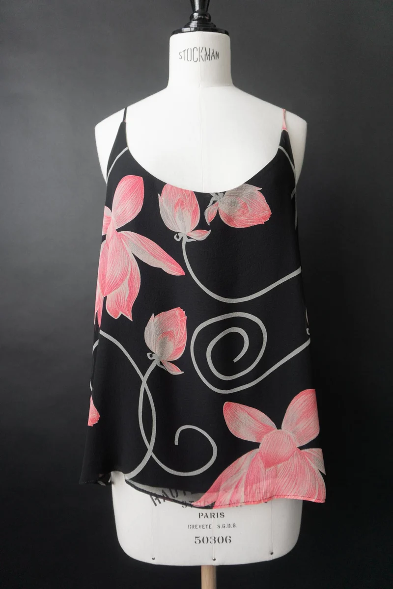 Vintage 90s Set: Rock & Top, Pure Silk, dark flowers, M–XL