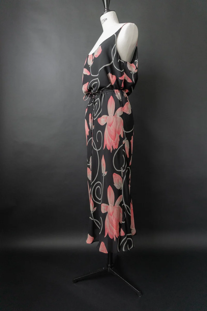 Vintage 90s Set: Rock & Top, Pure Silk, dark flowers, M–XL