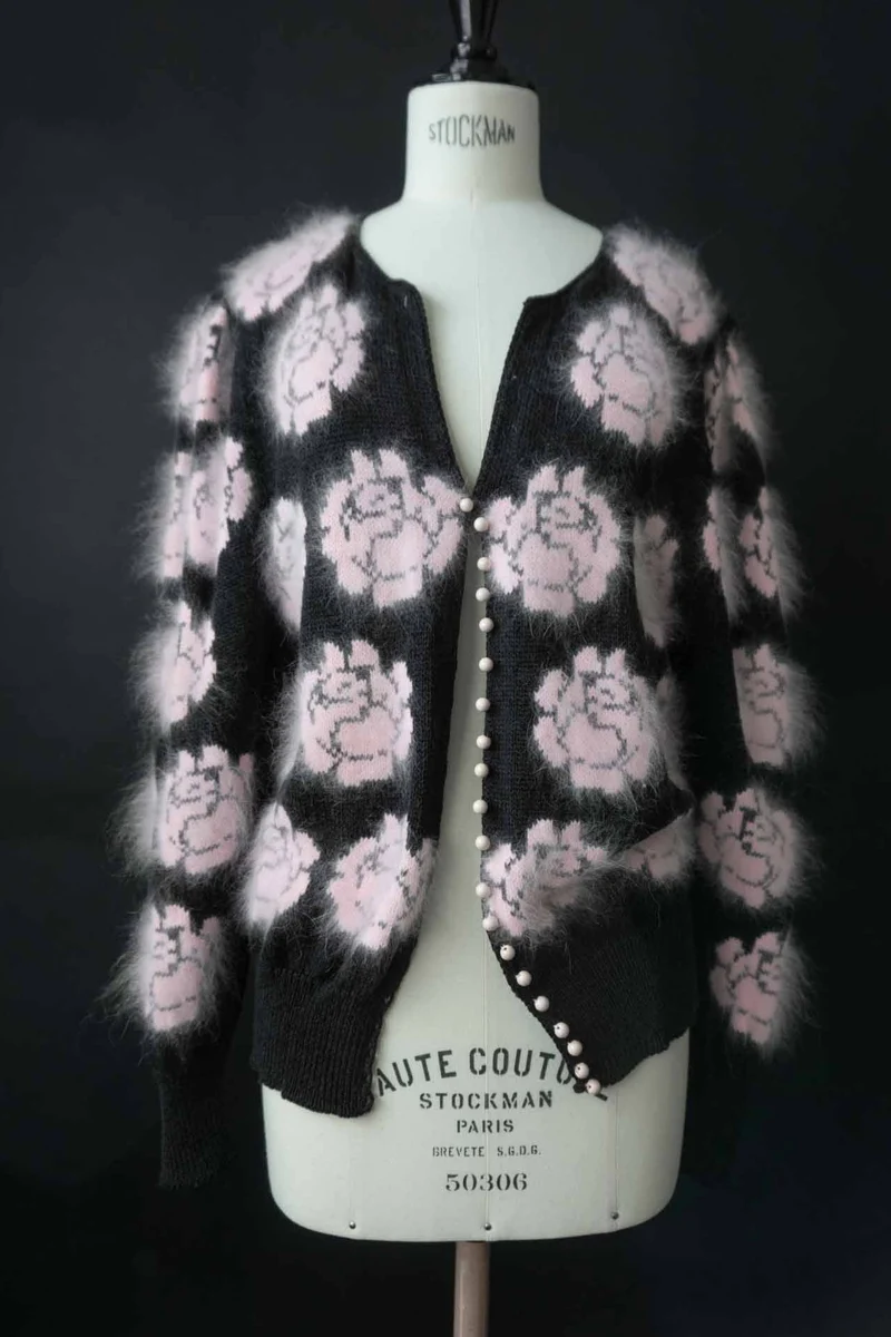 Vintage Angora Strickjacke Rosen, S–M