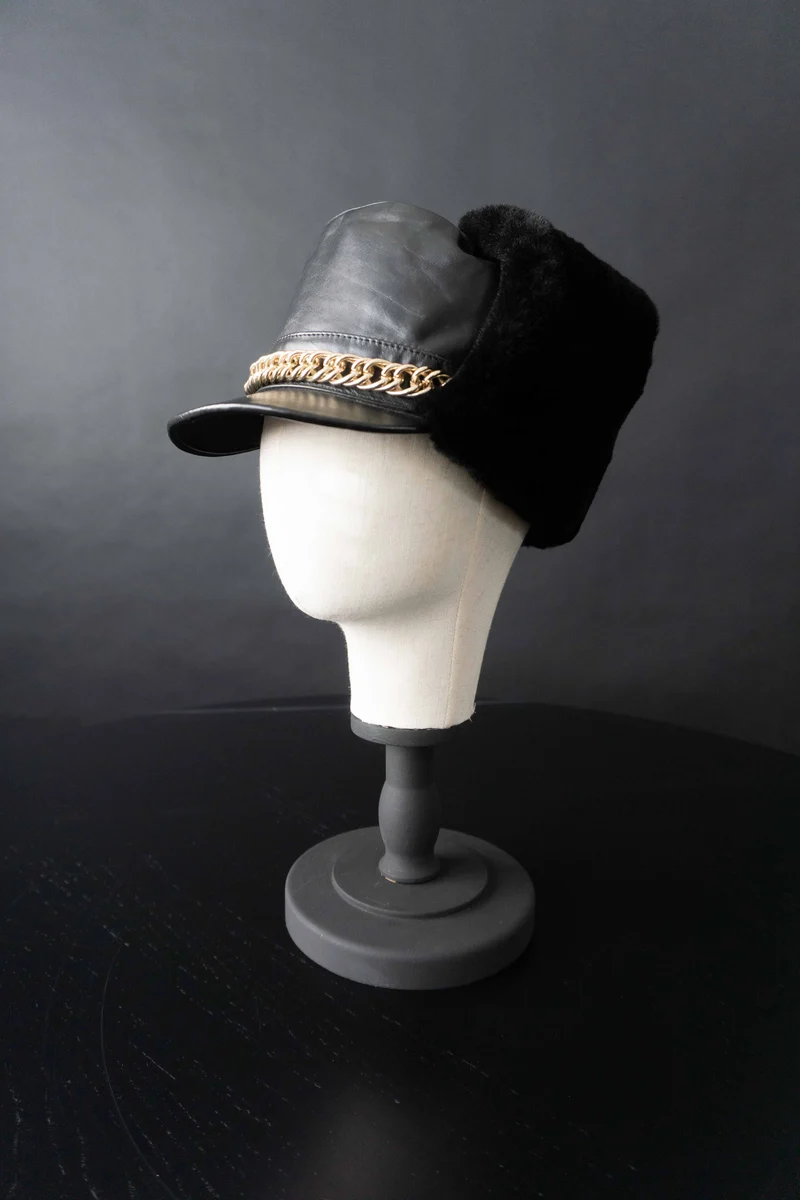 Vintage Chapka Leder, Schwarz, S