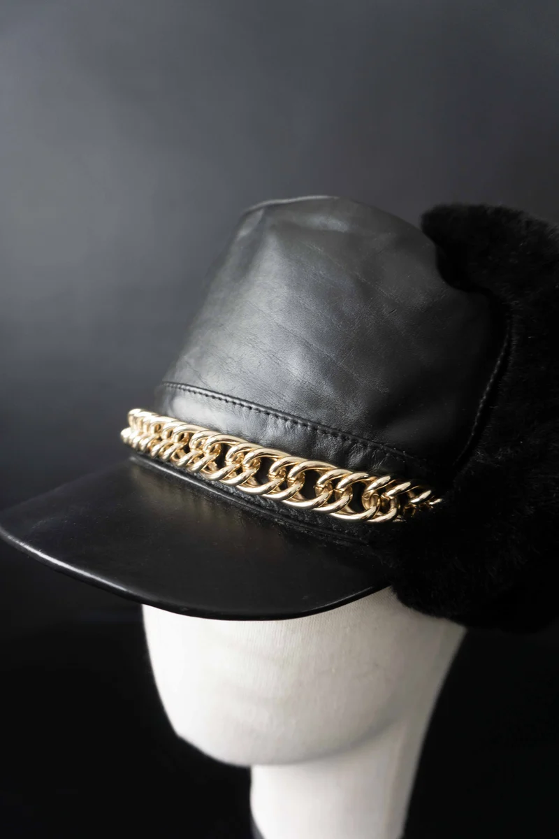 Vintage Chapka Leder, Schwarz, S