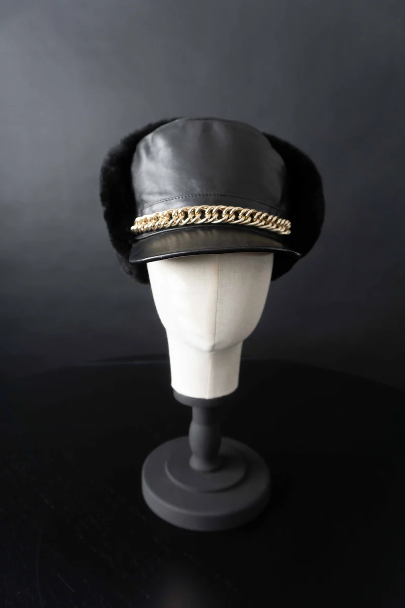 Vintage Chapka Leder, Schwarz, S