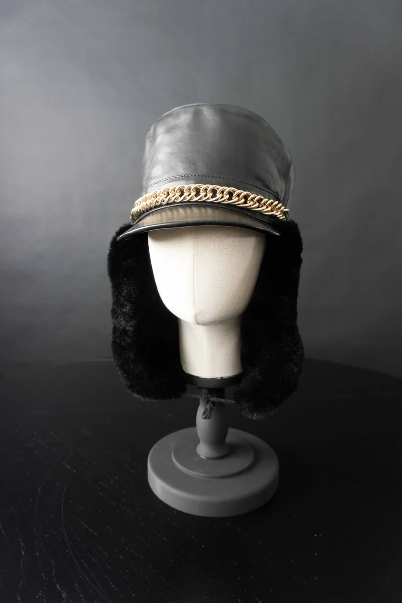 Vintage Chapka Leder, Schwarz, S