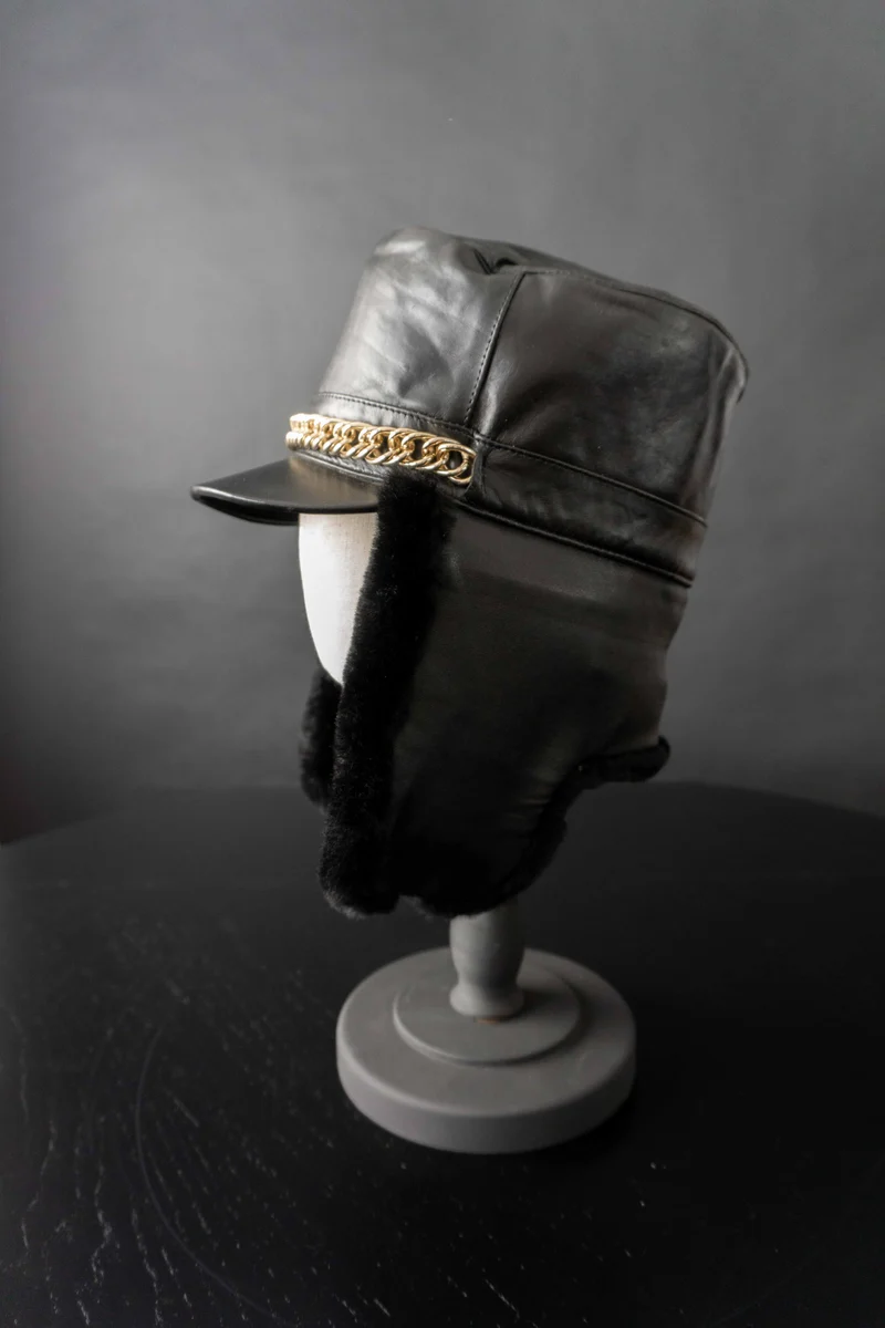 Vintage Chapka Leder, Schwarz, S