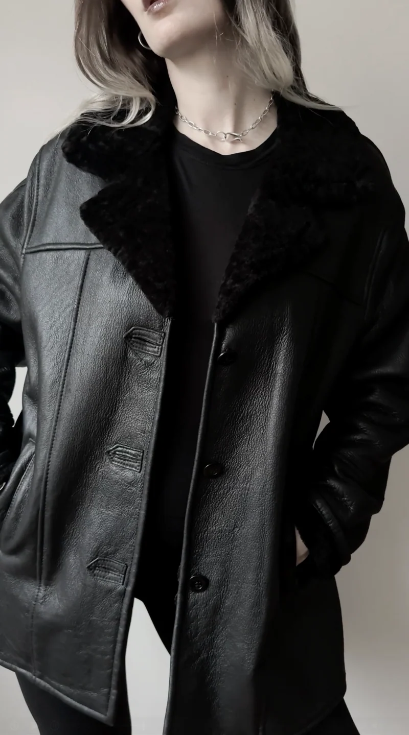 Vintage Lammfelljacke Schwarz, S–M