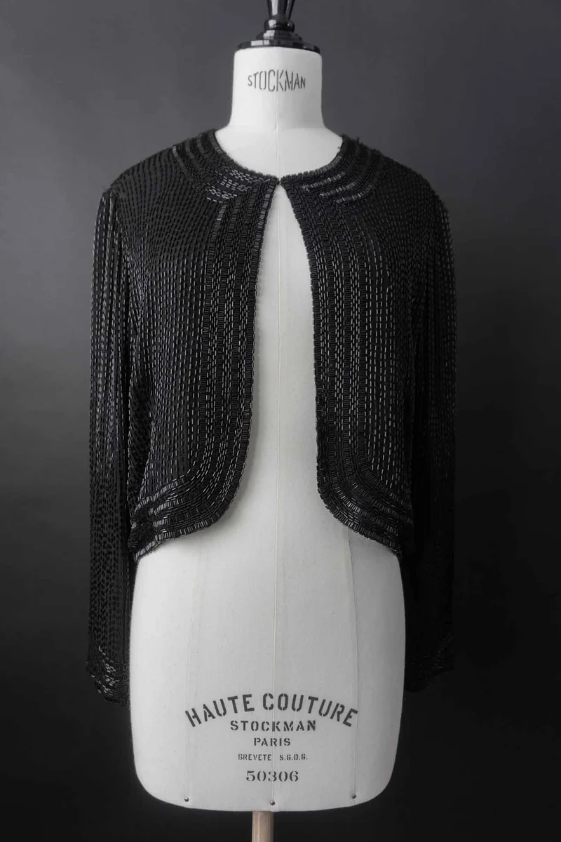 Vintage 80s Seidenjacke mit Allover-Beading Pailetten, M–L