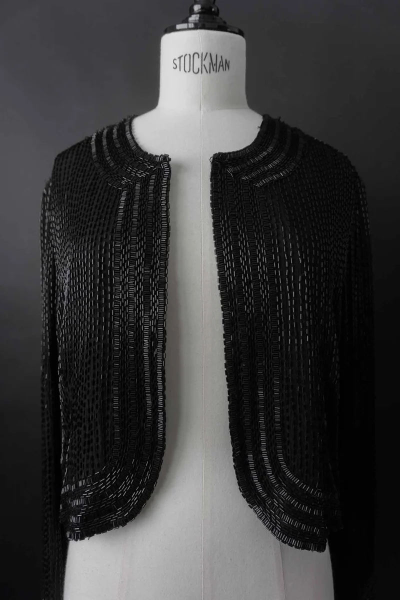 Vintage 80s Seidenjacke mit Allover-Beading Pailetten, M–L