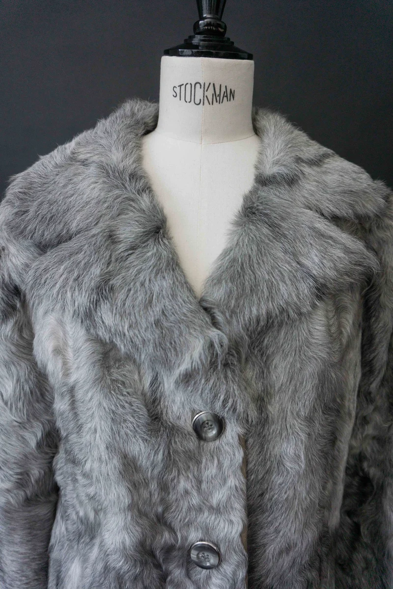 Vintage 70s Lammfelljacke, Grau, M–L