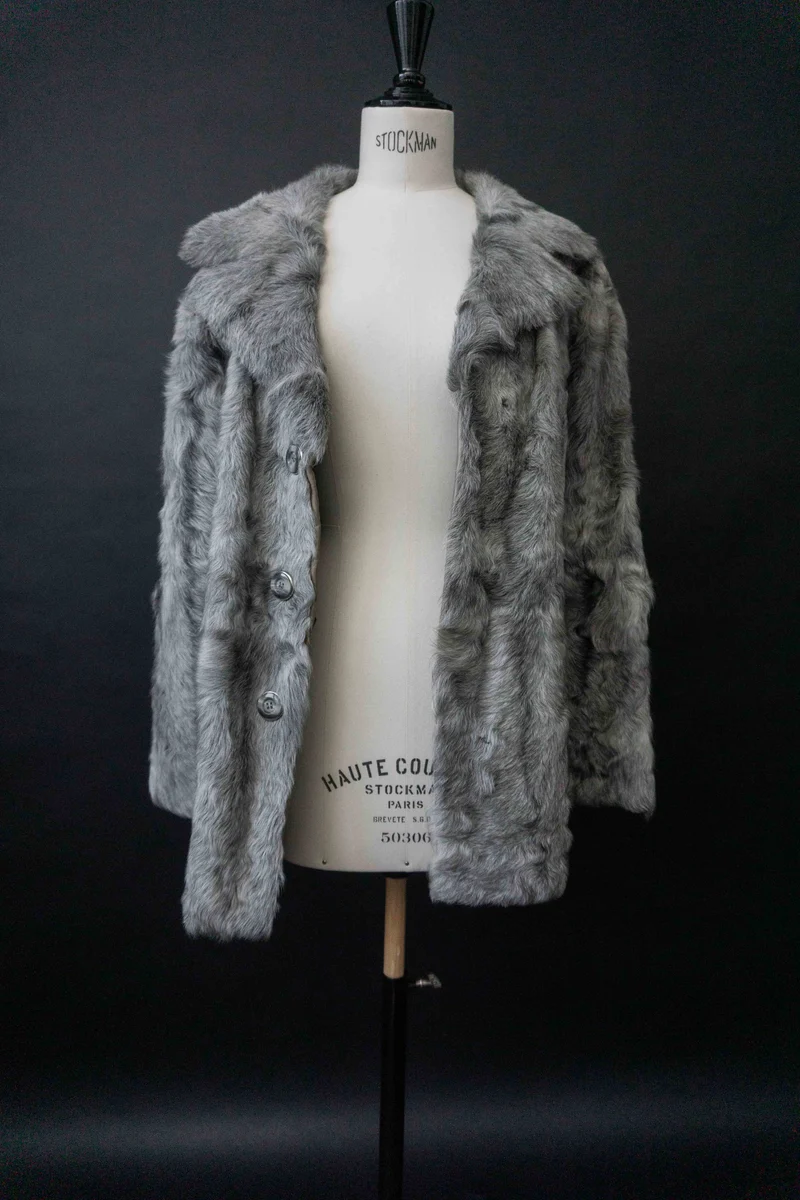 Vintage 70s Lammfelljacke, Grau, M–L